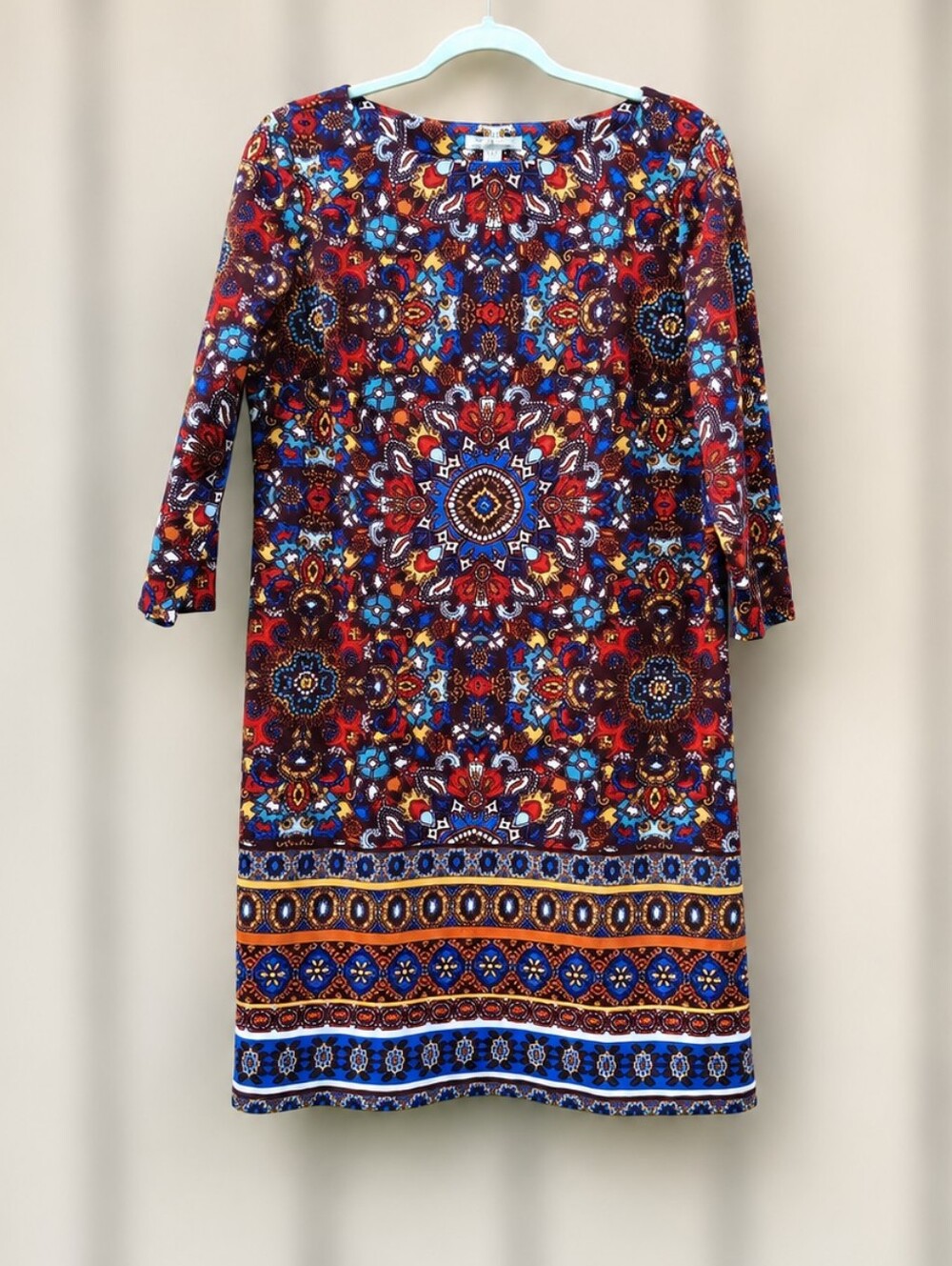 London Style Collection Shift Dress Size 14 Boho Medallion Colorful Stretch